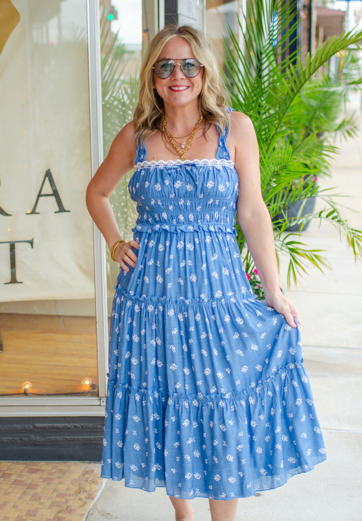 Sweet Symphony Blue Floral Print Corset Top Maxi Dress