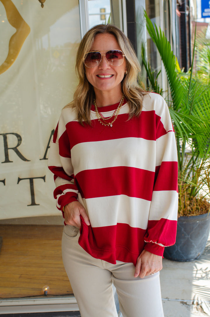 Be Bold Red & Cream Stripe Oversized Crewneck Long Sleeve Top