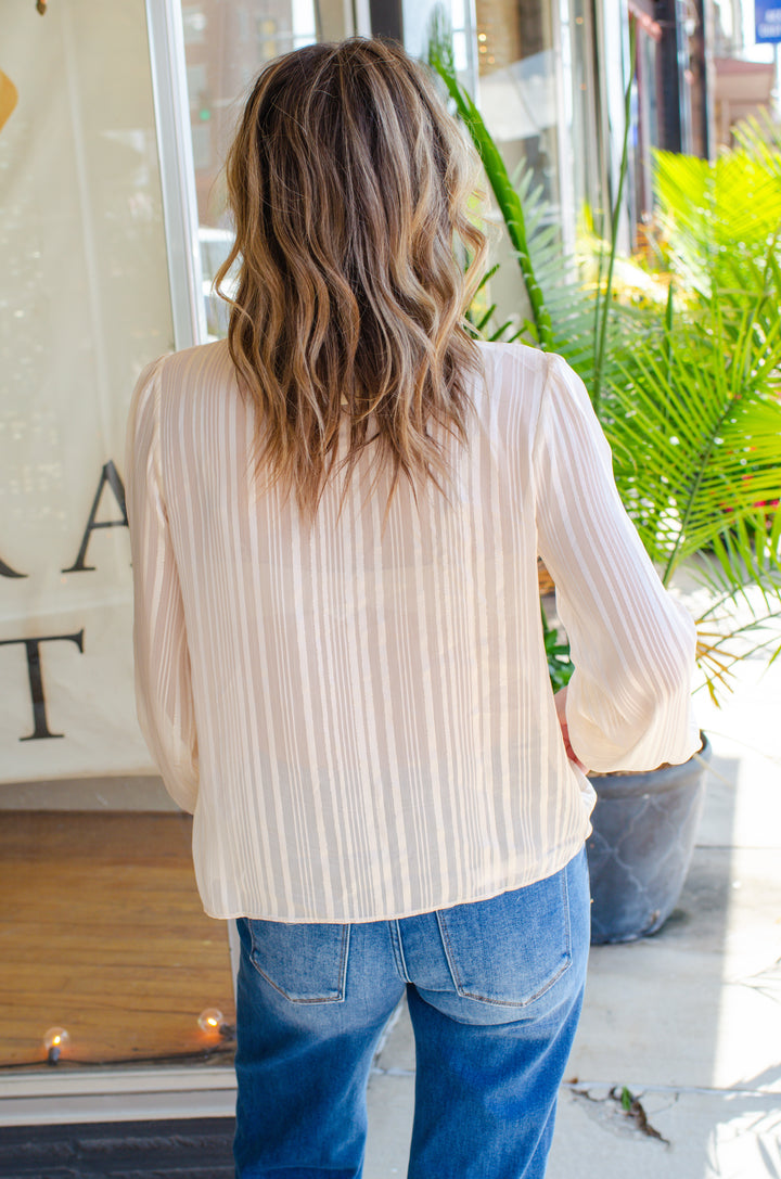 Graceful Stripe Button Down Tie Neckline Blouse in Cream