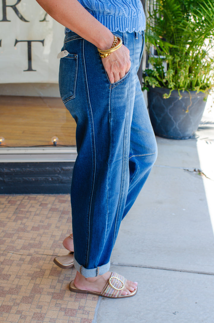 Risen High Rise Boyfriend Fit Ankle Jeans in Dark Wash
