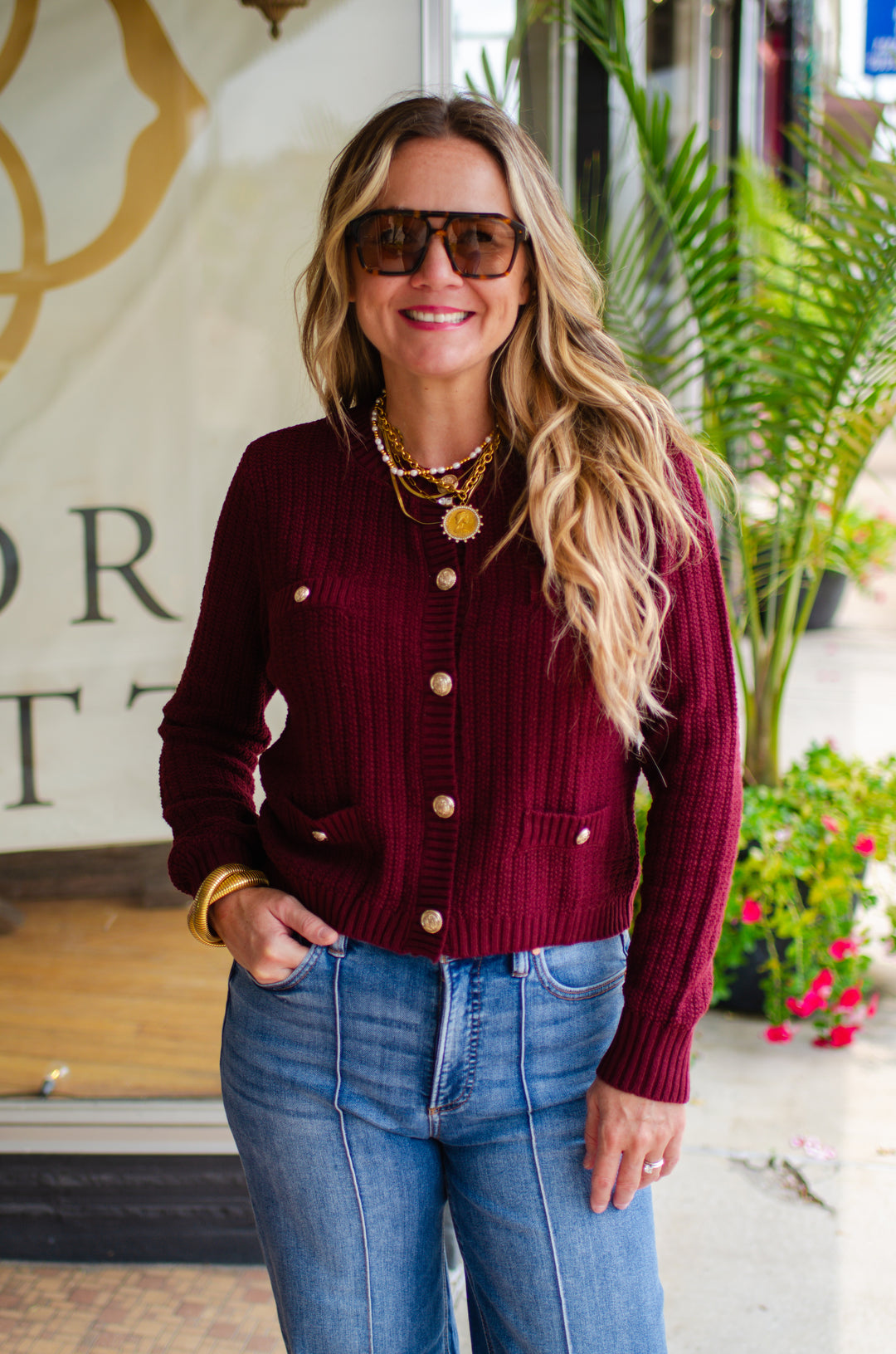Stylish Moments Gold Button Detailed Sweater Top in Burgundy