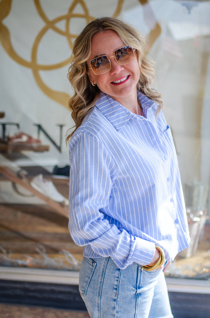 All Buttoned Up Blue & White Stripe Button Down Top
