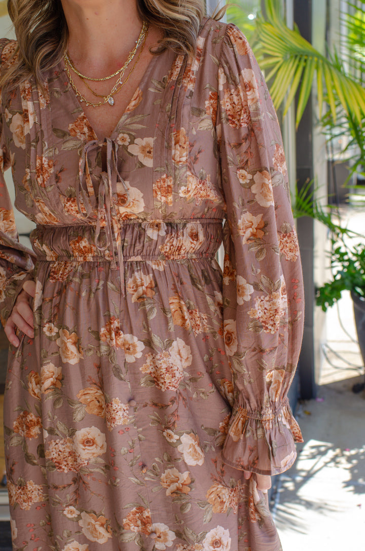 Fall Beauty Empire Waist Floral Maxi Dress in Taupe