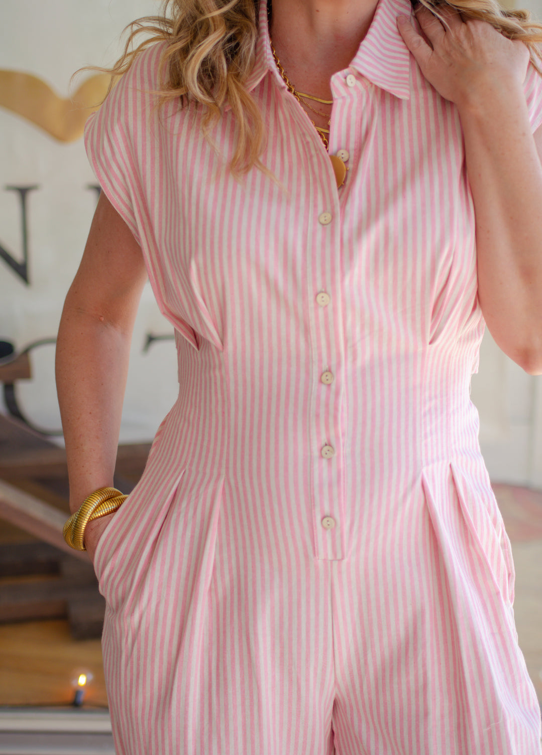 Chic Style Pink & Cream Stripe Button Down Collared Jumper