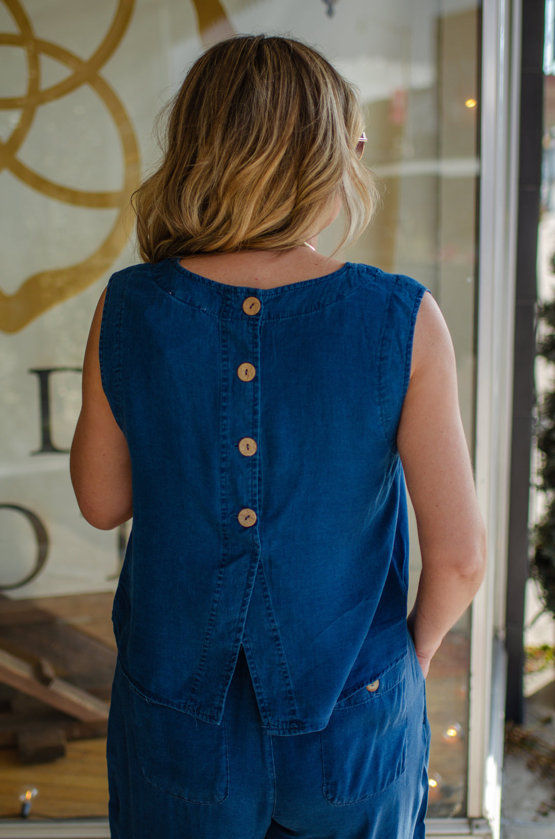 Classic Stroll Chambray Sleeveless Button Back Top