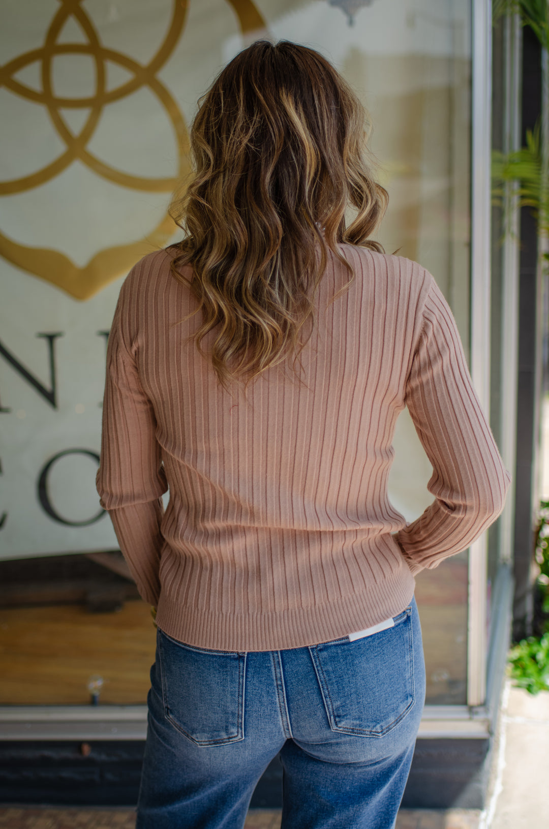 Fall Staple Mock Neck Ribbed Long Sleeve Top in Camel