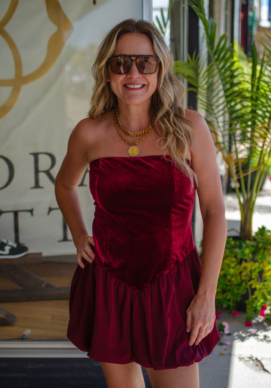 Take Me Out Velvet Strapless Bubble Hem Dress in Wine