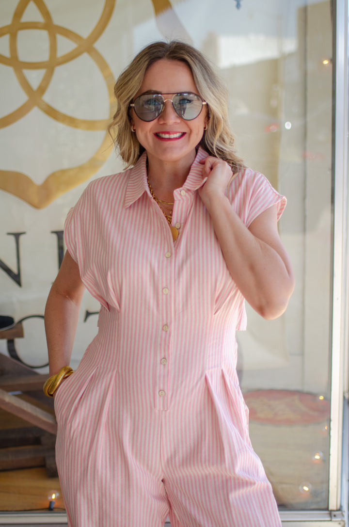 Chic Style Pink & Cream Stripe Button Down Collared Jumper