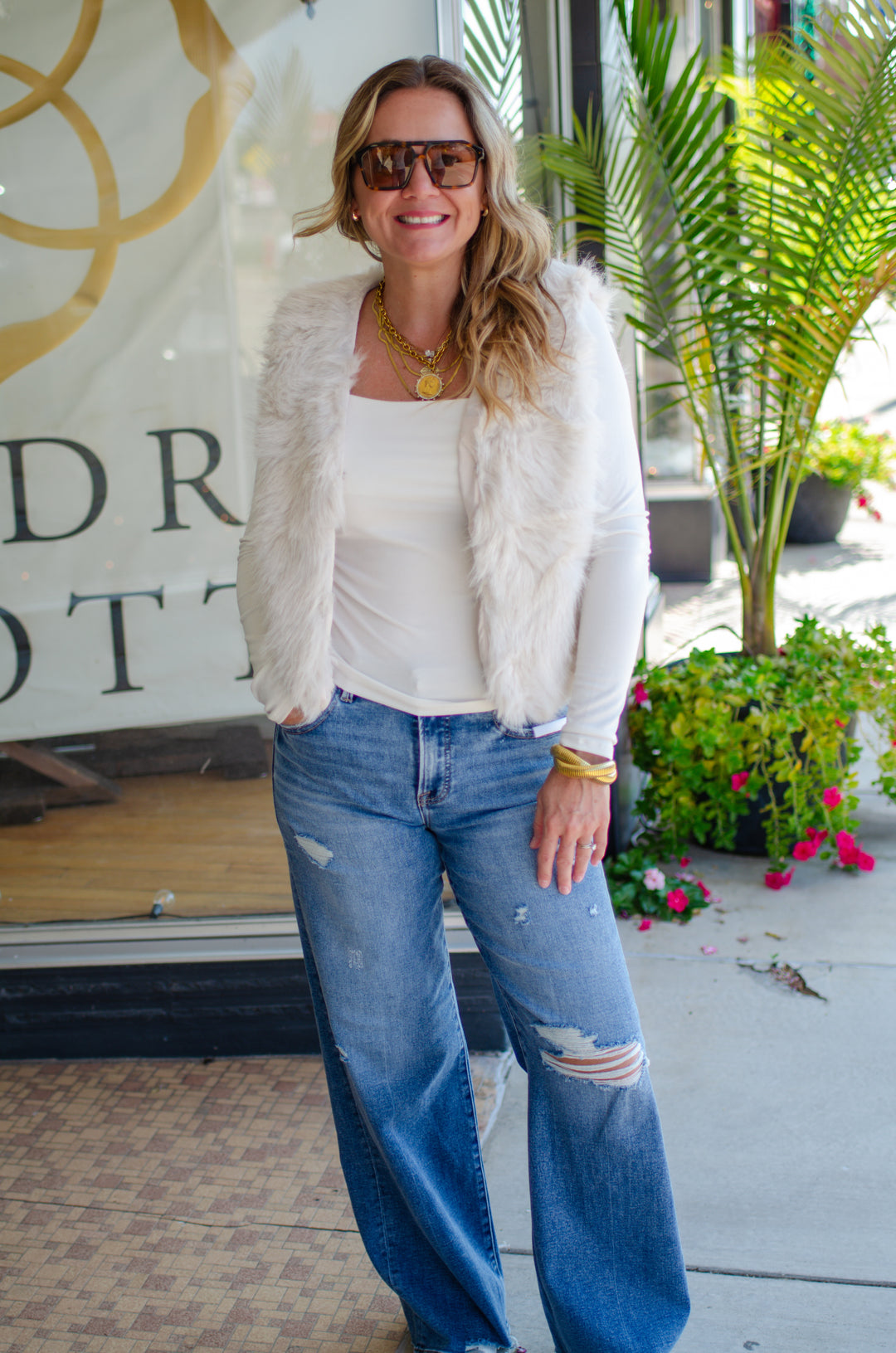 Glam Fur Vest in Ecru