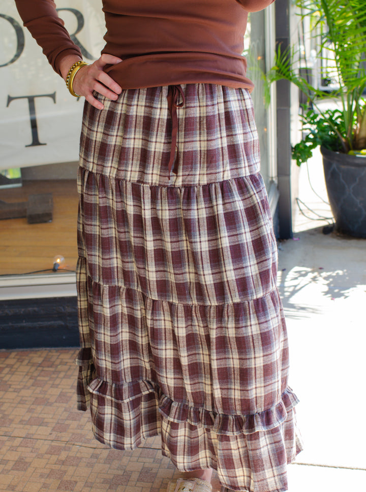 Fall Plaid Tiered Skirt in Chocolate Mix