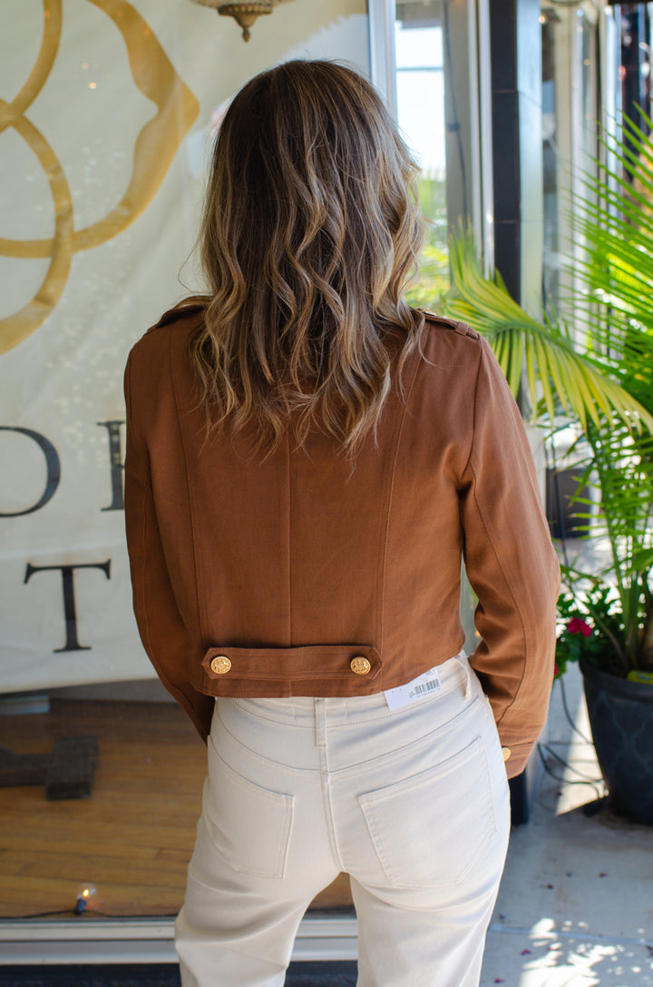 Best of My Love Military Style Denim Jacket Top in Chocolate Brown