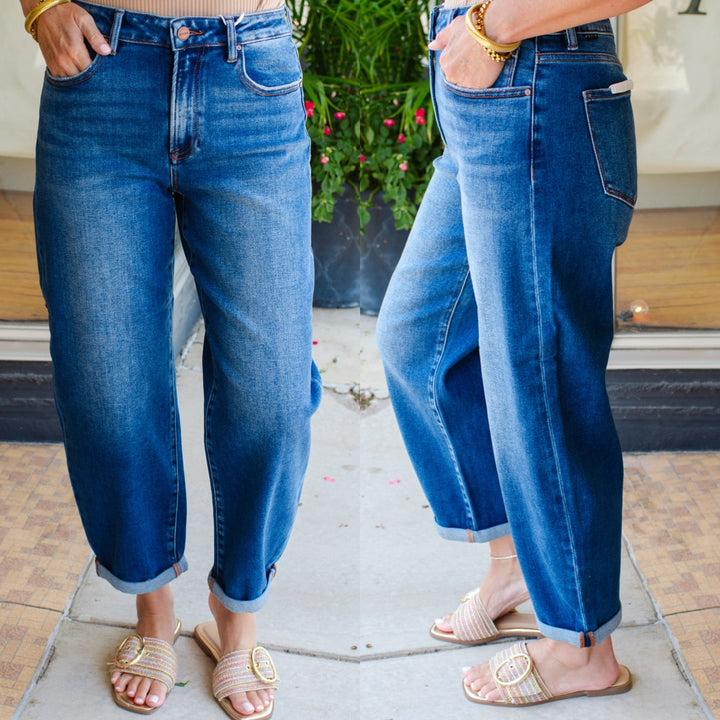 Risen High Rise Crop Barrel Jeans in Medium Wash