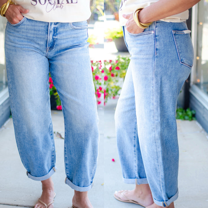 Risen High Rise Crop Barrel Jeans in Medium Wash