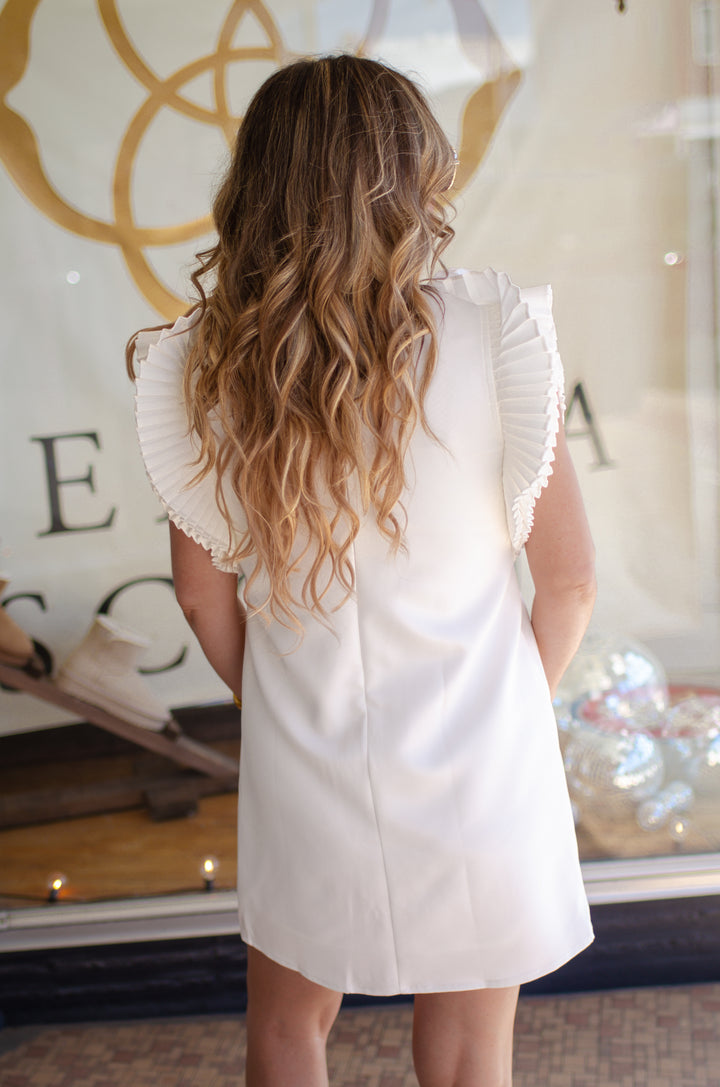 Showing Out Accordion Pleated Shoulder Dress in White