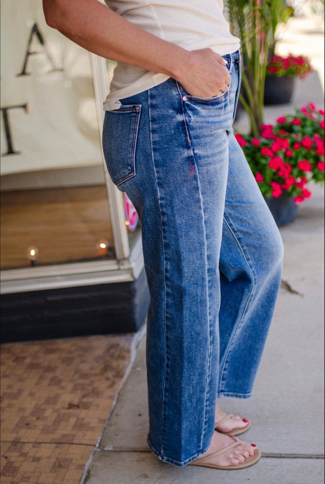 High Rise Crop Length Barrel Jeans Adjustable Waist in Dark Wash
