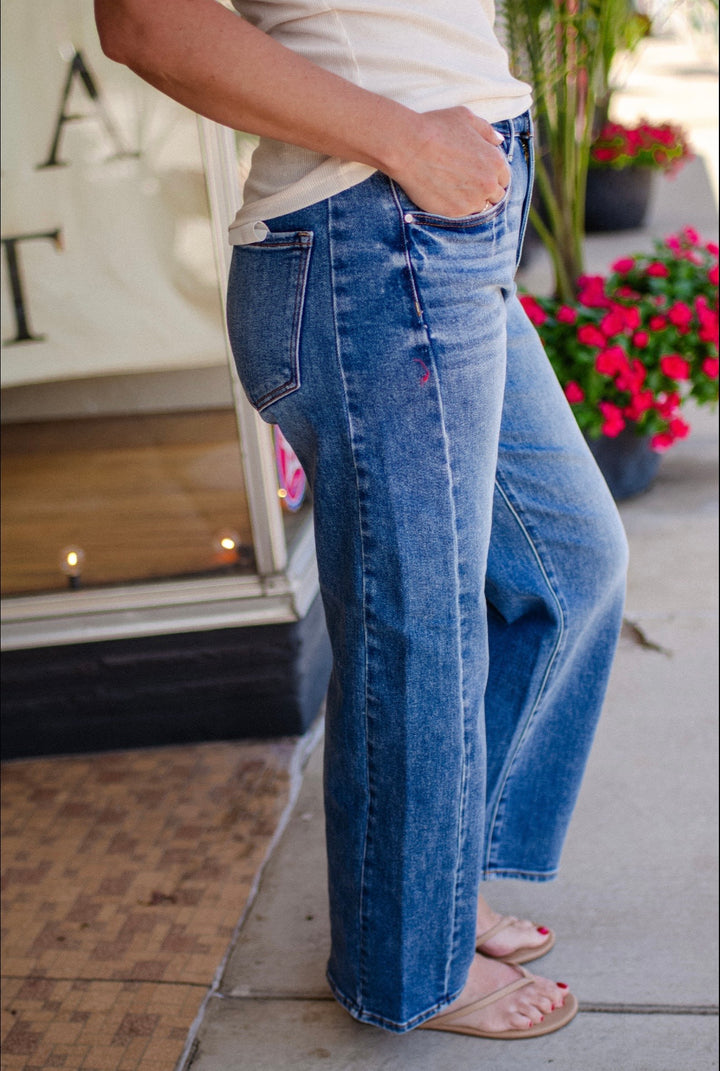 High Rise Crop Length Barrel Jeans Adjustable Waist in Dark Wash