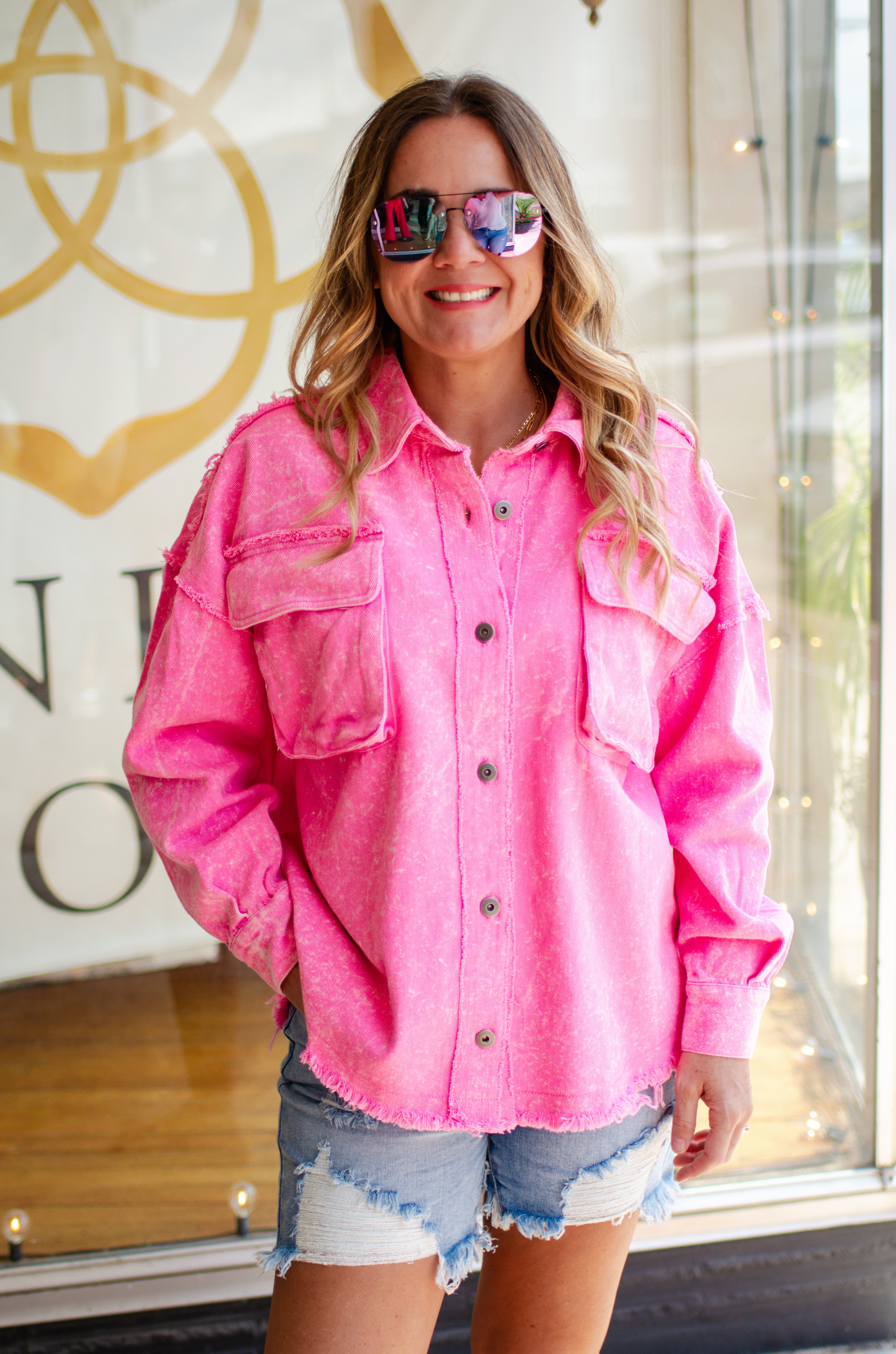 Pink shops oversized denim shirt