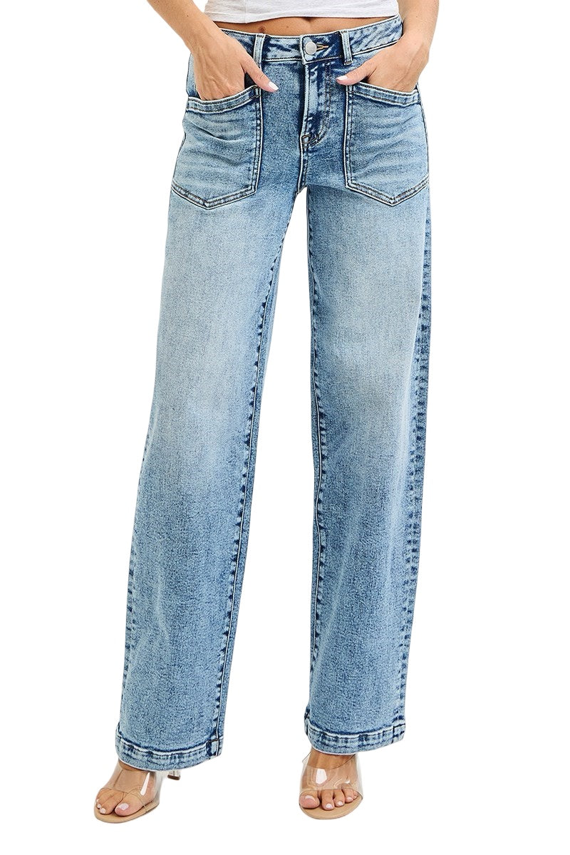 Risen High Rise Ankle Wide-Cuffed Jeans in Medium