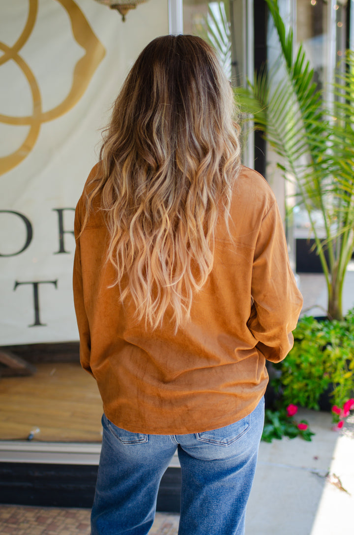 Chic Date Night Suede Like Button Down Top in Camel