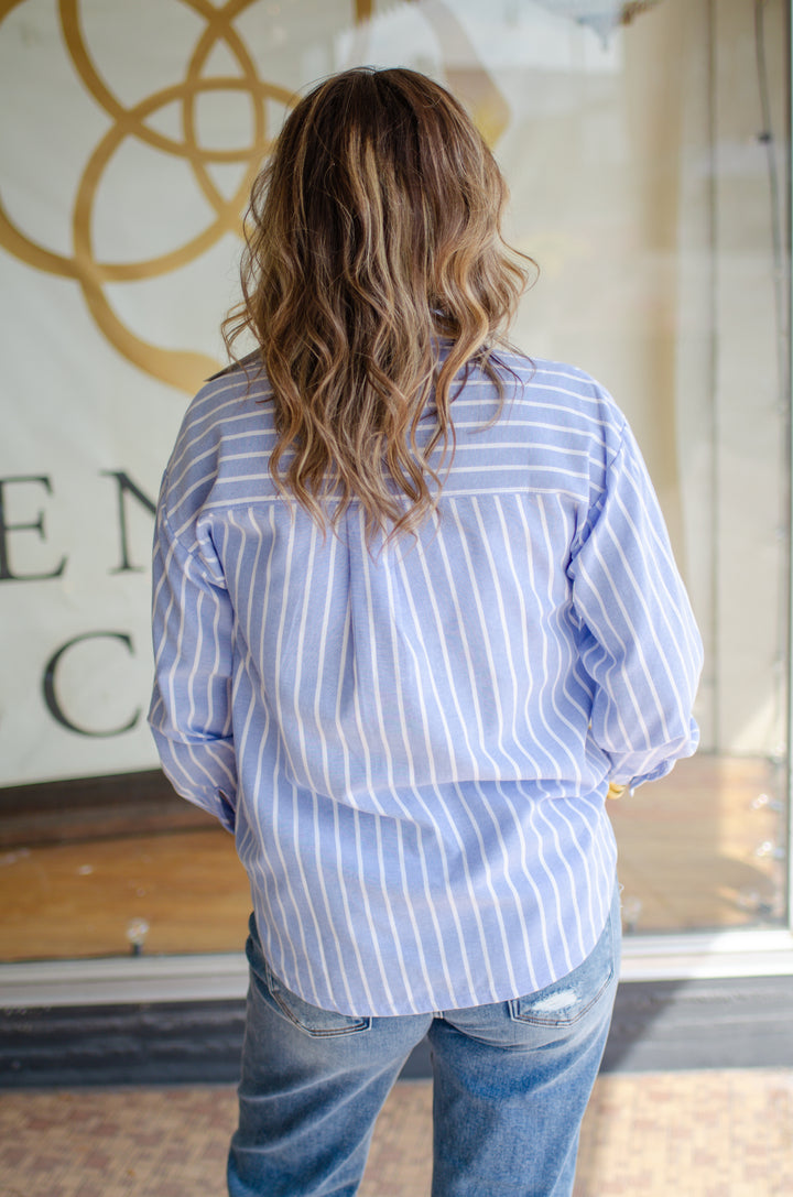 Fall Classic Stripe Button Down Boyfriend Top in Blue