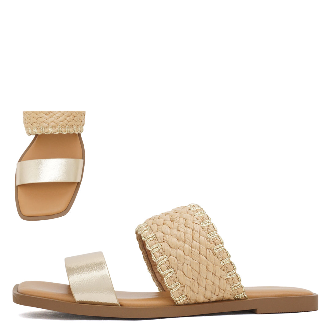 Palm Springs Raffia Double Strap Sandal in Gold