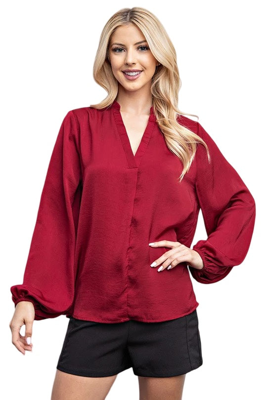 Heart of Mine Satin V-Neck Blouse in Wine