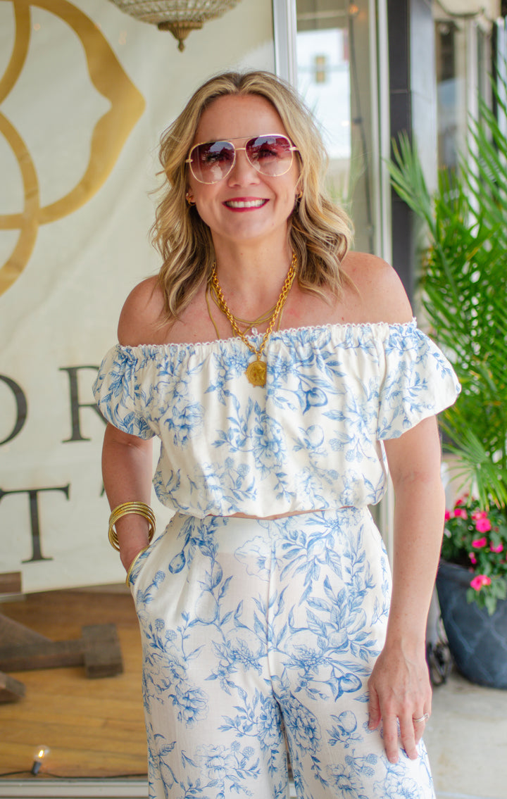 Capri Sunset Blue Toile Floral Off The Shoulder Top