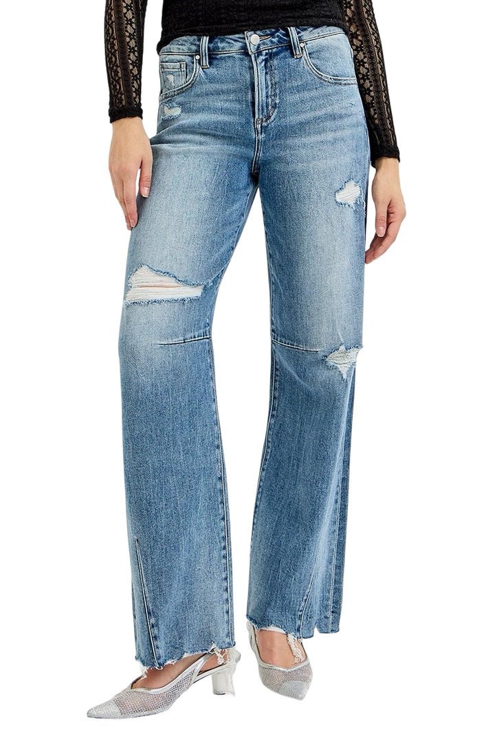 Risen Mid Rise Distressed Wide Leg Jeans in Medium Wash