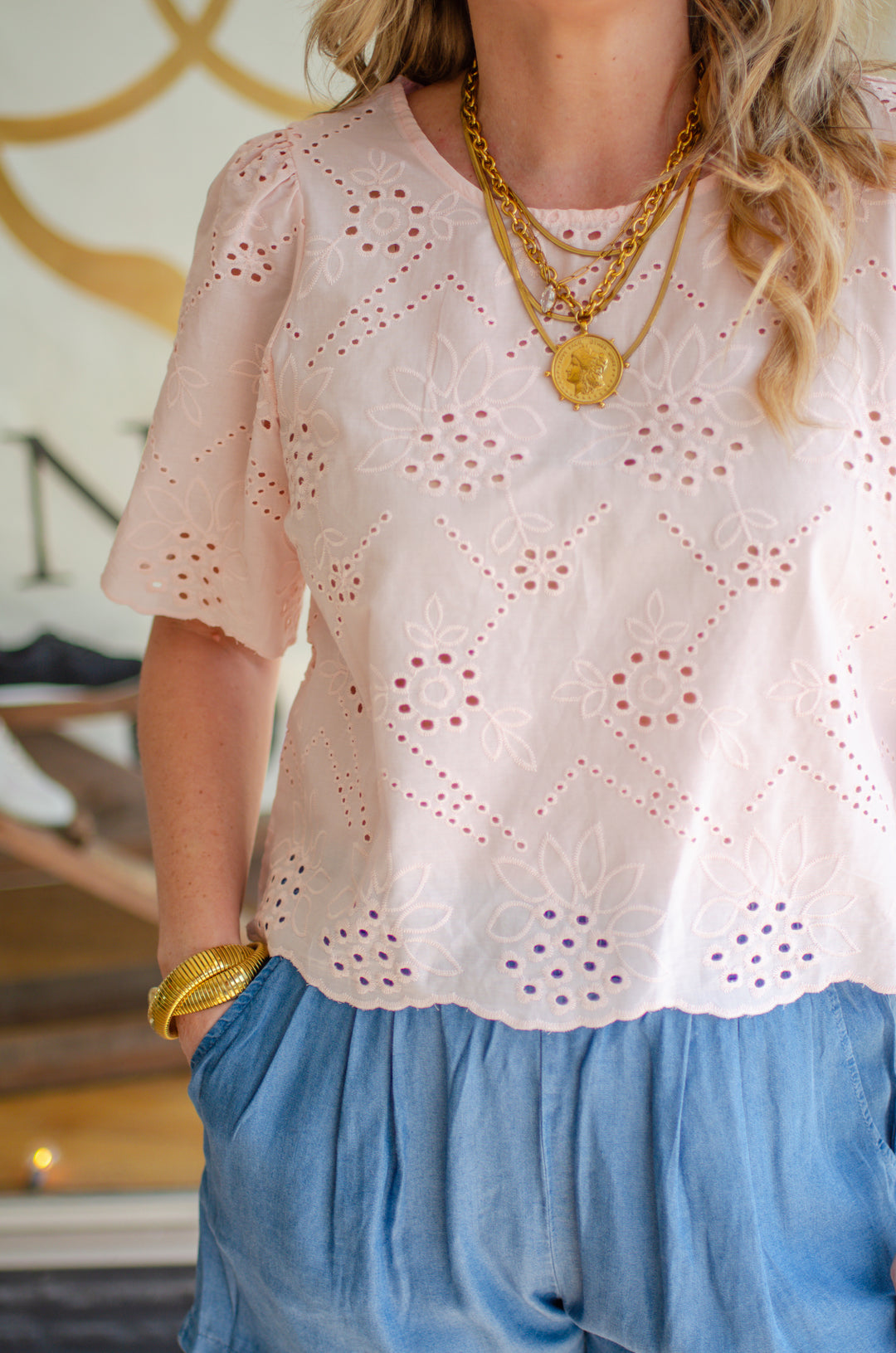 Charmed Eyelet Short Sleeve Top in Blush