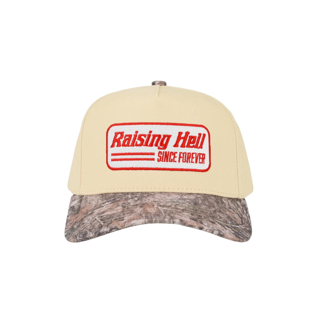Raising Hell Two Tone Trucker Hat in Camo and Cream