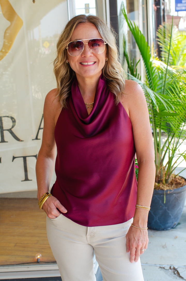 Date Night Beauty Cowl Neck Top in Wine