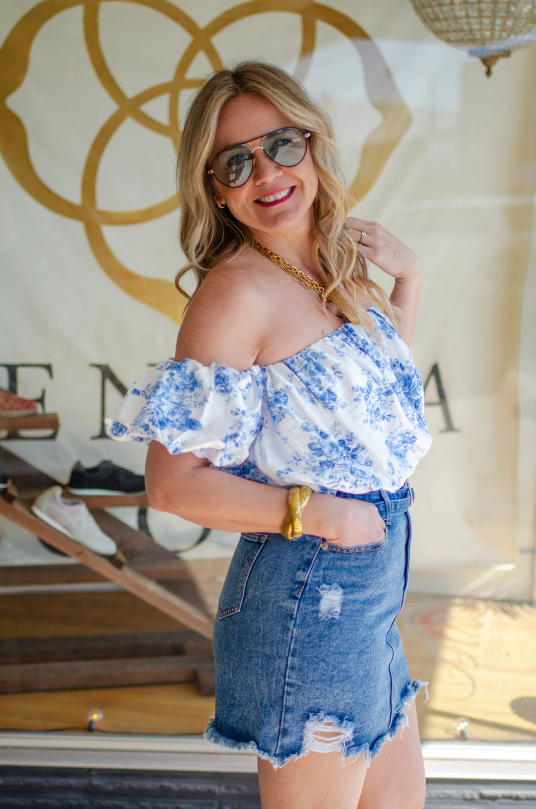 True Love Blue Floral Off The Shoulder Bubble Top