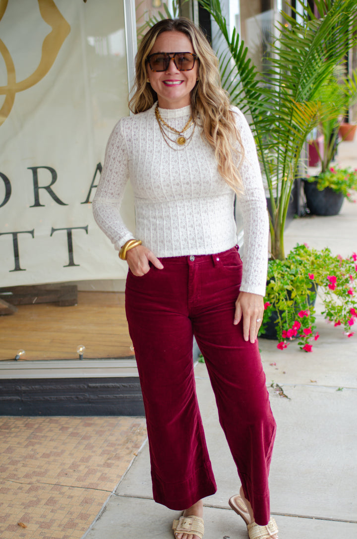 Stripe Floral Jacquard Mock Neck Long Sleeve Top in Ivory