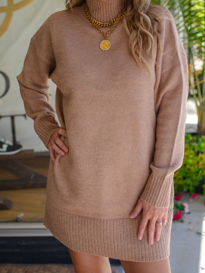 Bonfire Babe Mock Neck Sweater Dress in Camel