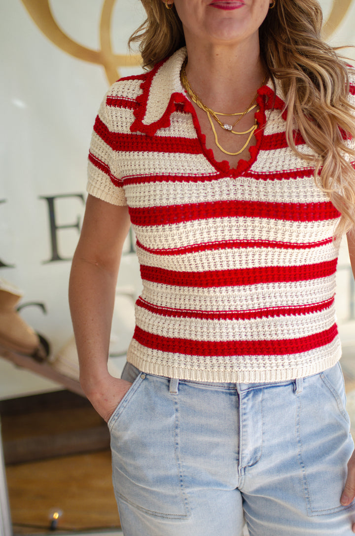 First Love Stripe Collated Scallop Trim Crochet Top in Red & Cream