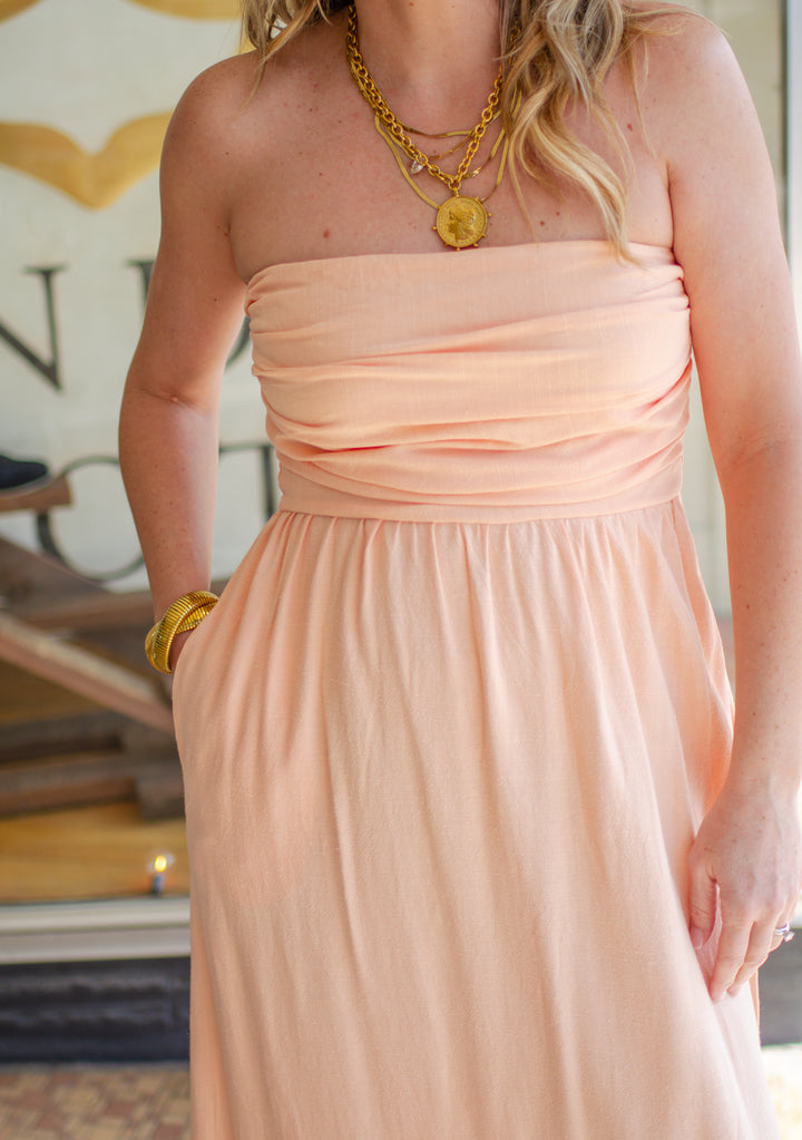 La Dolce Vita Strapless Empire Waistline Midi Dress in Peach