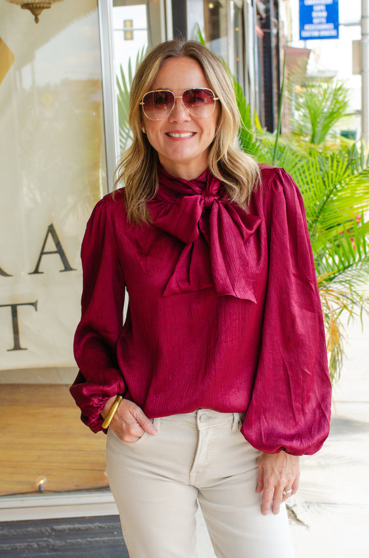 True Heart Bow Neckline Textured Satin Long Sleeve Blouse in Burgundy