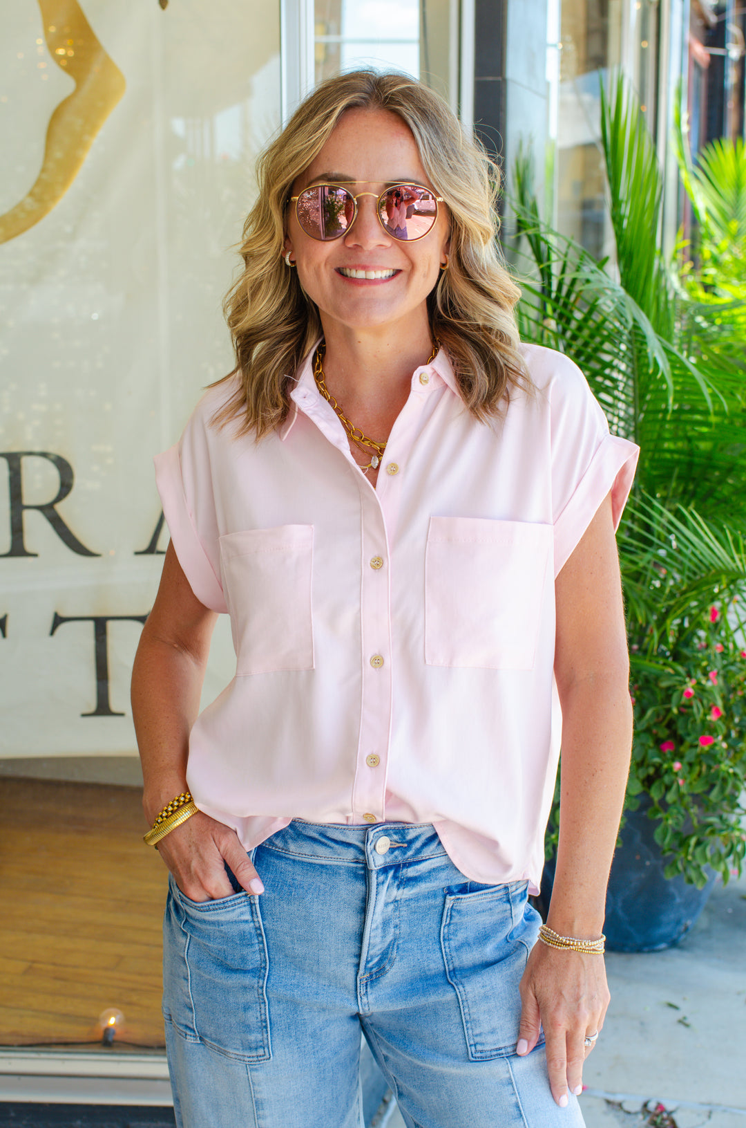 Take My Hand Button Down Collared Top in Light Pink