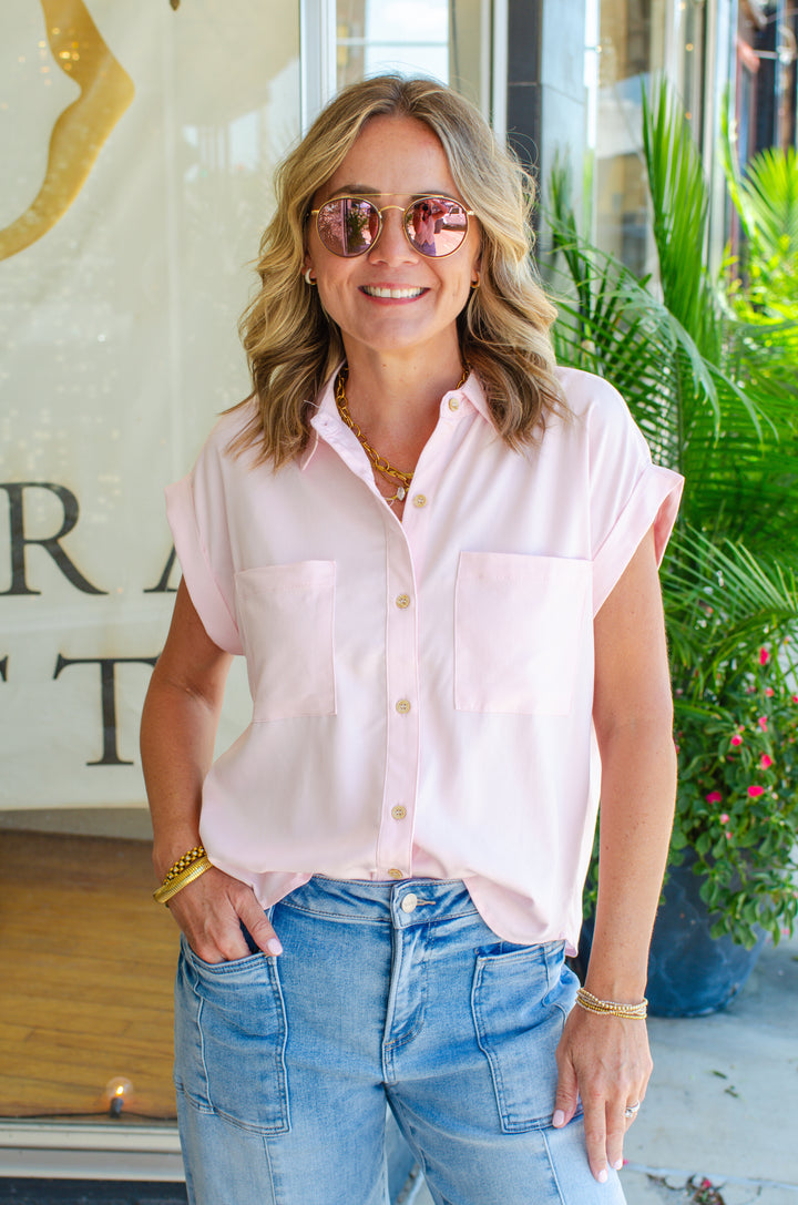 Take My Hand Button Down Collared Top in Light Pink