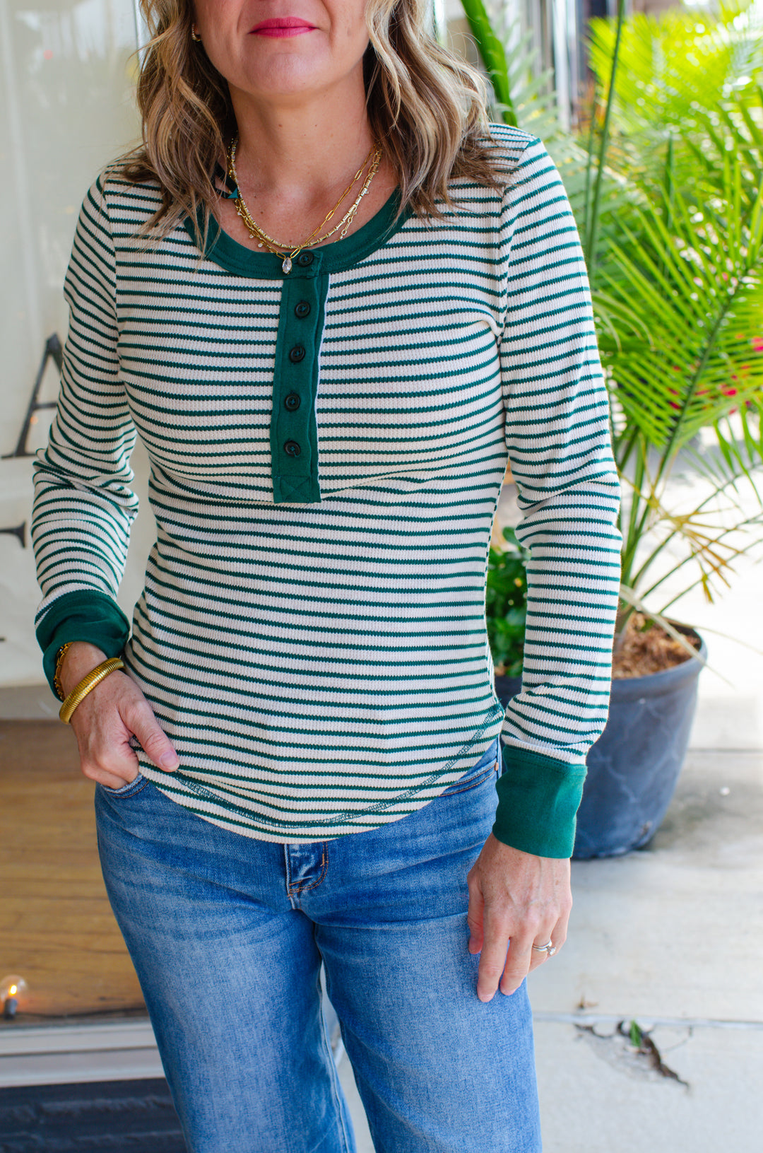 Fall Moment Stripe Henley Top in Oatmeal & Green Mix