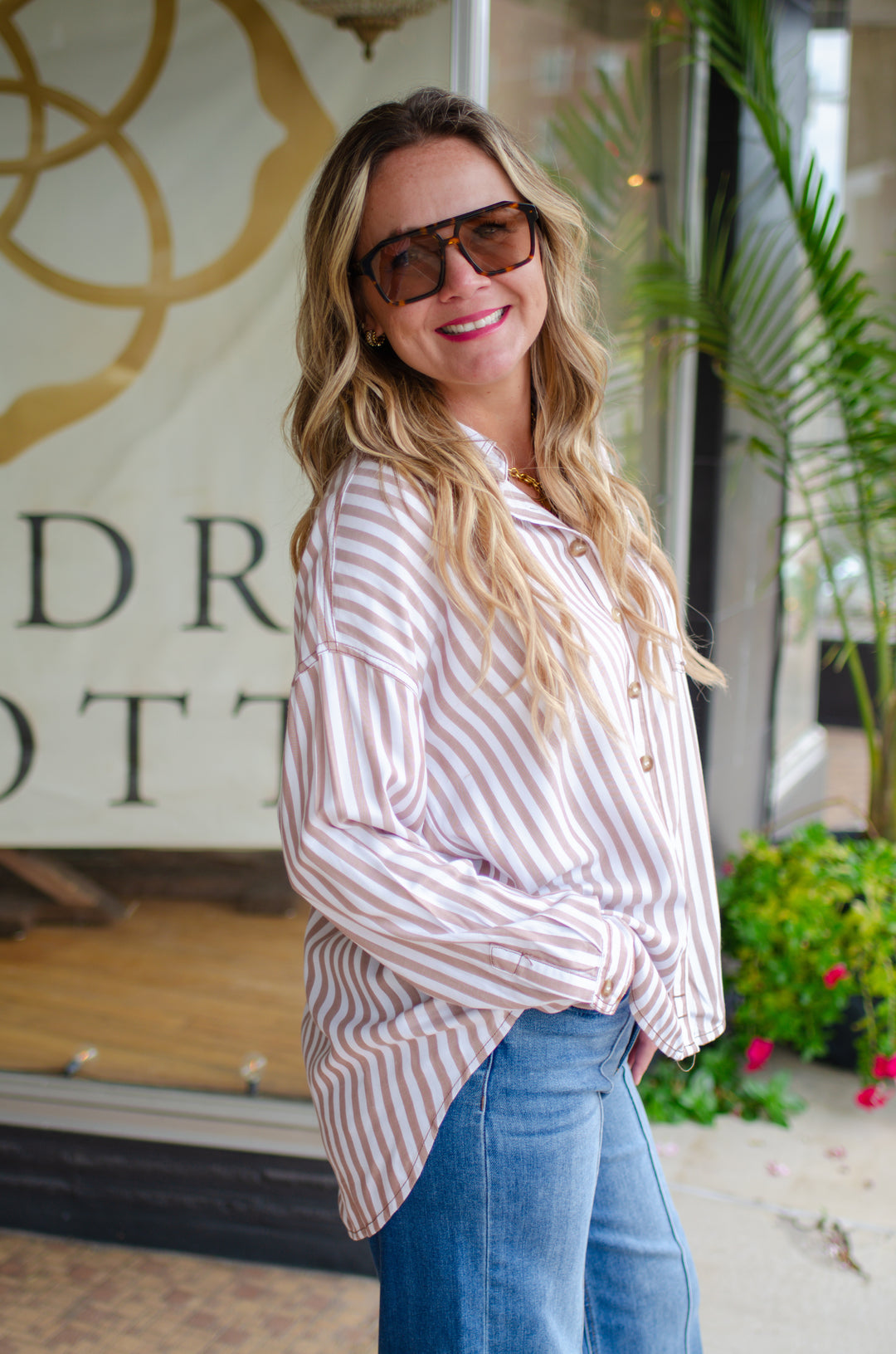 Casual Classic Stripe Collared Button Down Long Sleeve Shirt in Brown