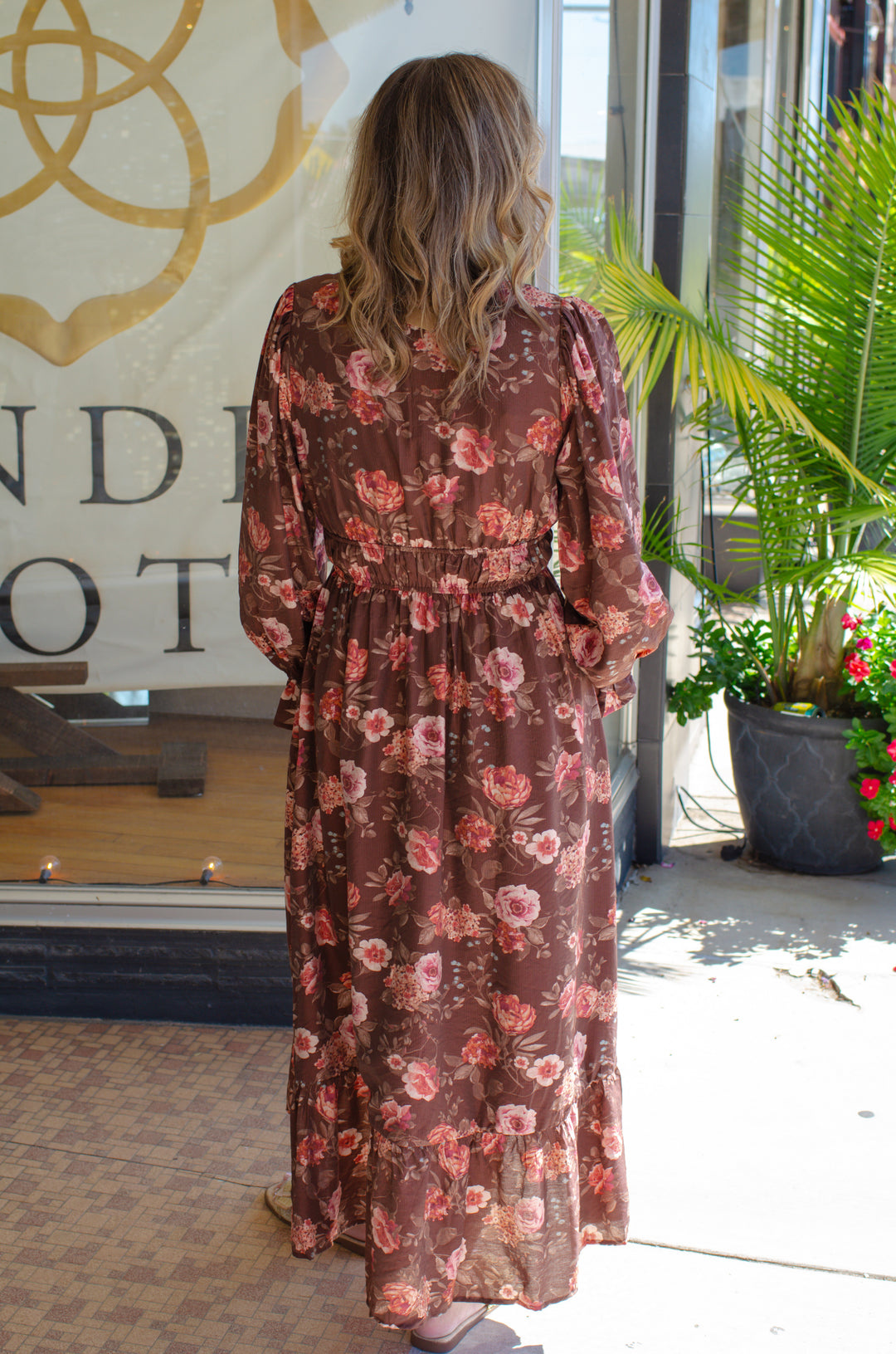 Fall Beauty Empire Waist Floral Maxi Dress in Brown