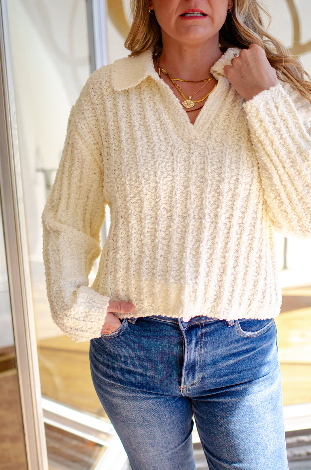 Autumn Chic Collared V-Neck Long Sleeve Soft Knit Sweater in Cream