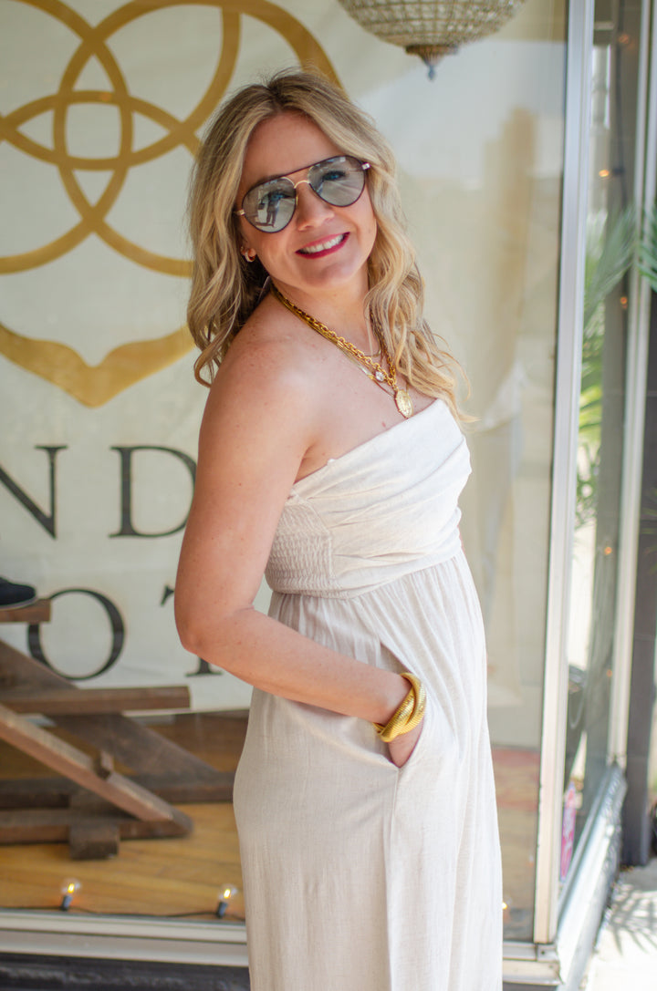 La Dolce Vita Strapless Empire Waistline Midi Dress in Natural