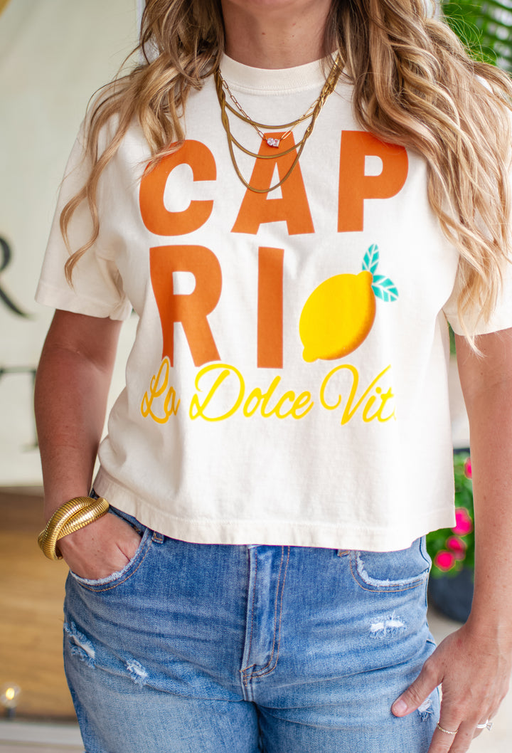 Capri La Dolce Vita Graphic Crop Top in Cream