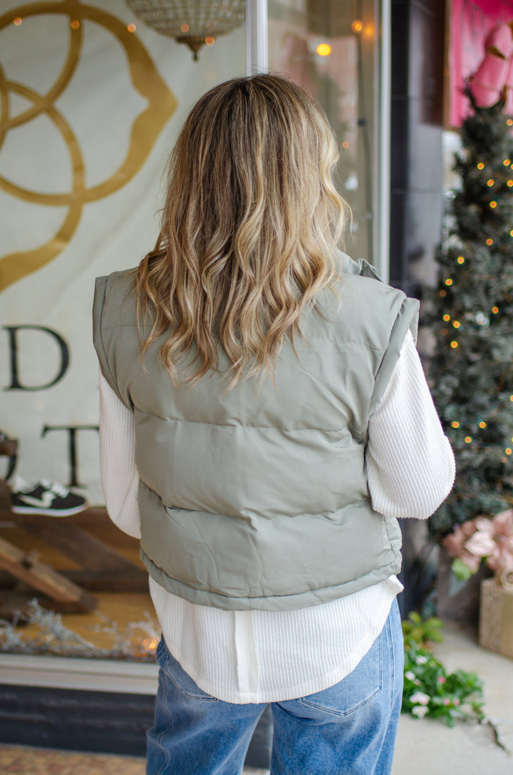 Classic Statement Puffer Vest in Sage