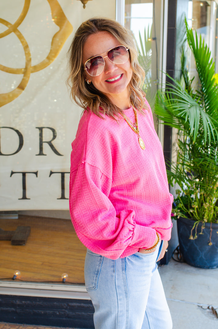 Breathless Modern Textured Boxy Long Sleeve Top in Pink