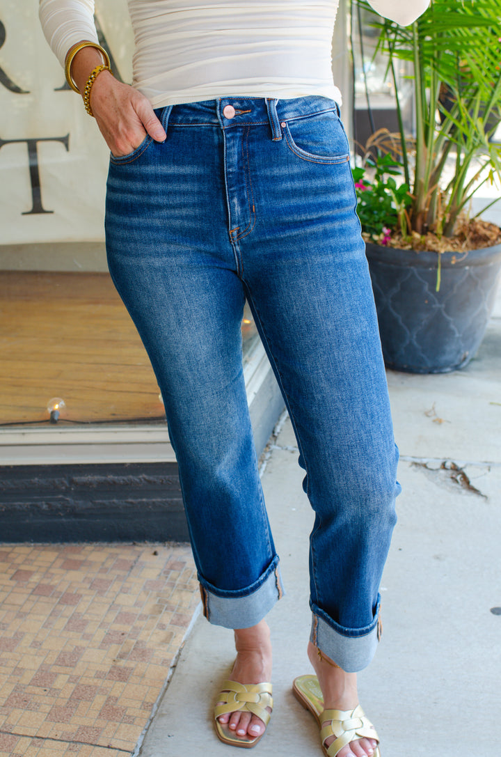 Risen High Rise Ankle Straight Cuffed Jeans in Dark Wash