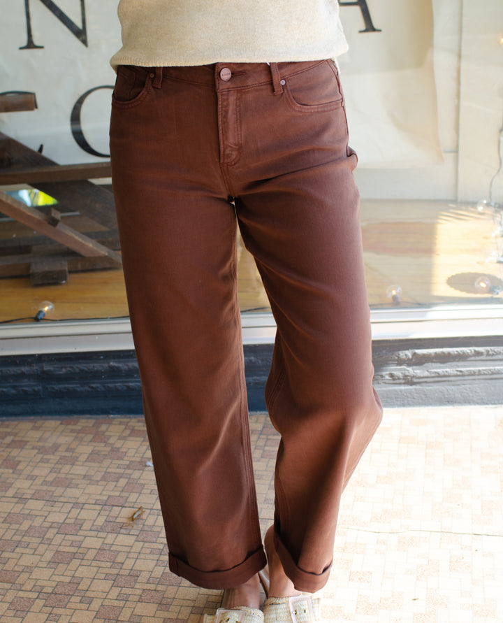 Risen Tummy Control Mid Rise Ankle Relaxed Baggy Barrel Pants in Cocoa