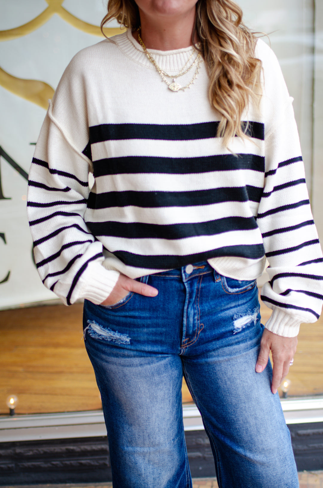 Classic Stripe Knit Rolled Neck Sweater Top